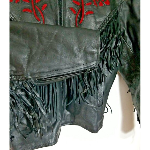 Genuine Leather LG Motorcycle Jacket Fringe Rose Inlay w/ Thinsulate 3M Liner - Picture 3 of 12